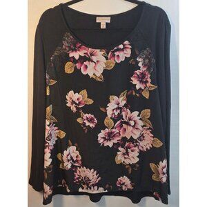 Dress Barn DB Top Plus Size 2X‎ Floral Flowers Lace Black Stretch Pullover Shirt